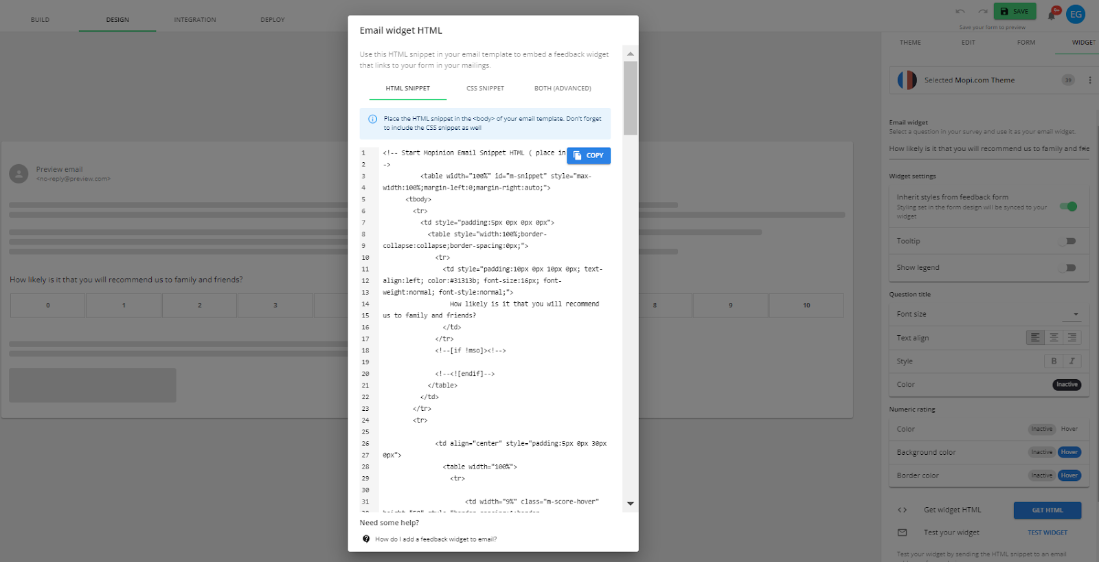 Email widget HTML
