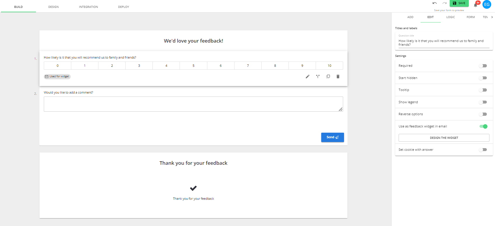 Email widget toggle