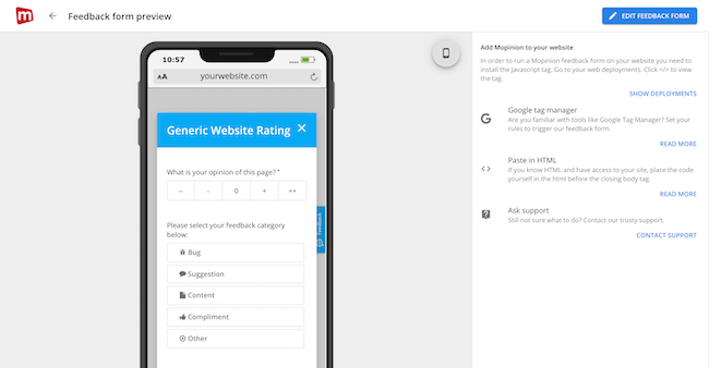 Feedback form preview on mobile device